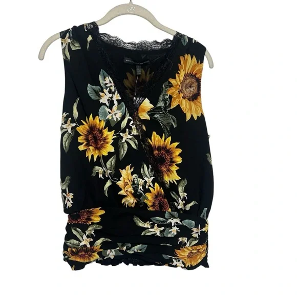 WHBM Lace Trim Surplice Sunflower Bouquet Blouse Sleeveless Black Size S NWT - Picture 6 of 10